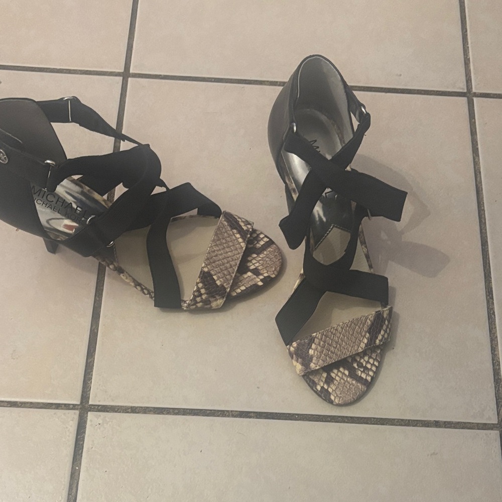 MICHAEL Michael Kors Black Strappy Heels with Snake-Print Toe